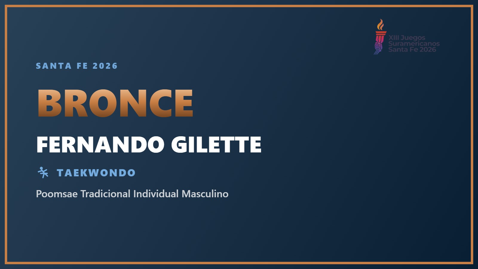 Fernando Gilette, medalla de bronce en Poomsae Tradicional Individual Masculino en Santa Fe 2026