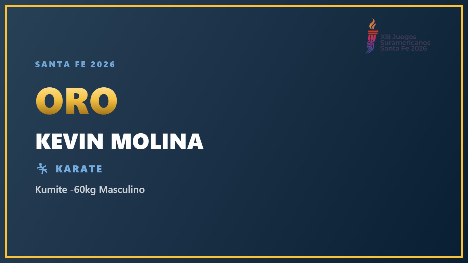 Kevin Molina, medalla de oro en Kumite -60kg Masculino en Santa Fe 2026