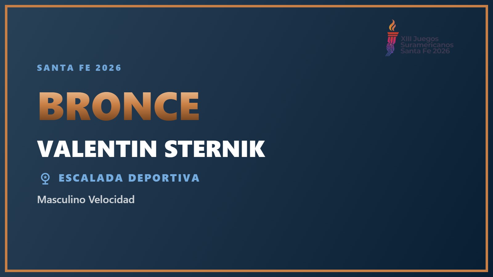 Valentin Sternik, medalla de bronce en Masculino Velocidad en Santa Fe 2026