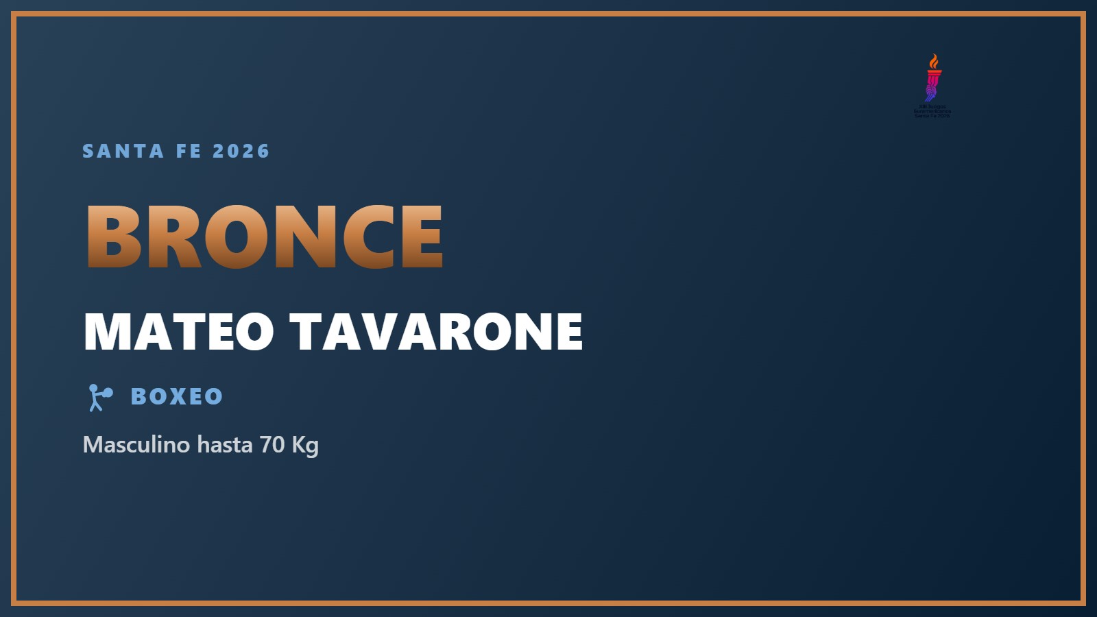 Mateo Tavarone, medalla de bronce en Masculino hasta 70 Kg en Santa Fe 2026